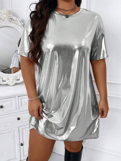 Calvaya Plus Size Solid Color Round Neck Short Sleeve A-Line Shiny Casual Party Dress
