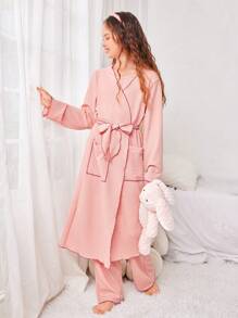 3pcs Girls Pajama Set: Loose Long Sleeve Robe, Cami Top & Wide Leg Pants, Pink - Pink - View 4