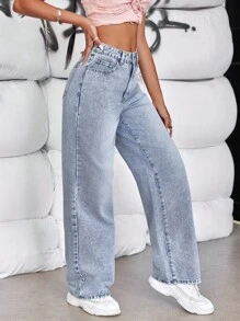SHEIN Tall Women's Casual Straight Leg Jeans With Pockets, Washed Denim - Light Wash - View 3