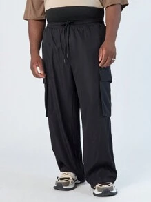 Manfinity VCAY Men's Plus Size Casual Woven Solid Color Mid-Rise Drawstring Loose Work Pants Suitable For Spring And Autumn, Daily Wear - Black - View 1