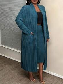 Slaydiva Plus Size Blue Fleece Knit Basic Casual Skirt Set With Long Cardigan For Early Autumn & Winter, B - Navy Blue - View 4