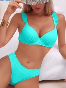 Swim Basics Two-Piece Bikini Set With Push-Up Padding And Underwire, Ruffle Hem Without Binding Summer Beach