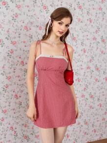 SHEIN Unity Váy Cami dây đeo vai & kẻ sọc tương phản mùa hè dành cho nữ - Đỏ - Xem 4