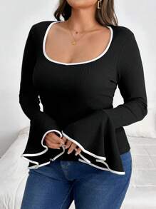 SHEIN Privé Kaos Wanita Ukuran Besar Kasual dengan Trim Kontras, Leher Persegi, Lengan Lebar, Bahan Rajut Rib, Potongan Slim Fit, Musim Semi/Gugur - Hitam - View 4