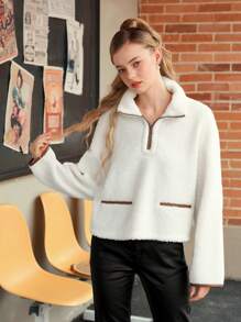 SHEIN MOD Sweat-shirt épais zippé, coupe ample, col montant, avec faux col de mouton et bordure en PU, pour l'automne/l'hiver - Blanc - Voir 5