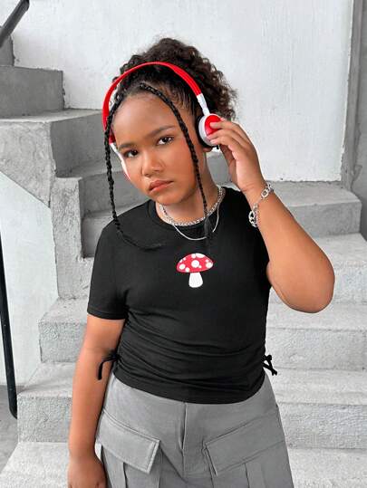 SHEIN Tween Girls Extended Size Casual Cute Mushroom Printed Ruffle T-Shirt
