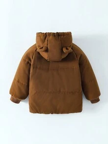 Young Girls Cute Bear Zipper Hooded Long Sleeve Padded Coat, For Fall/Winter Outdoors - Brown - View 2