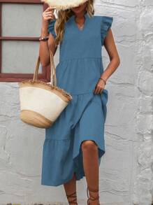 SHEIN LUNE Solid Color Sleeveless Dress With Notched V-Neckline And Ruffle Hem