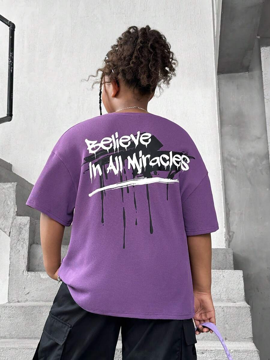 SHEIN Tween Girls Extended Size Basic Casual Loose Fit Short Sleeve Knit Top For Spring/Summer - Purple - View 1