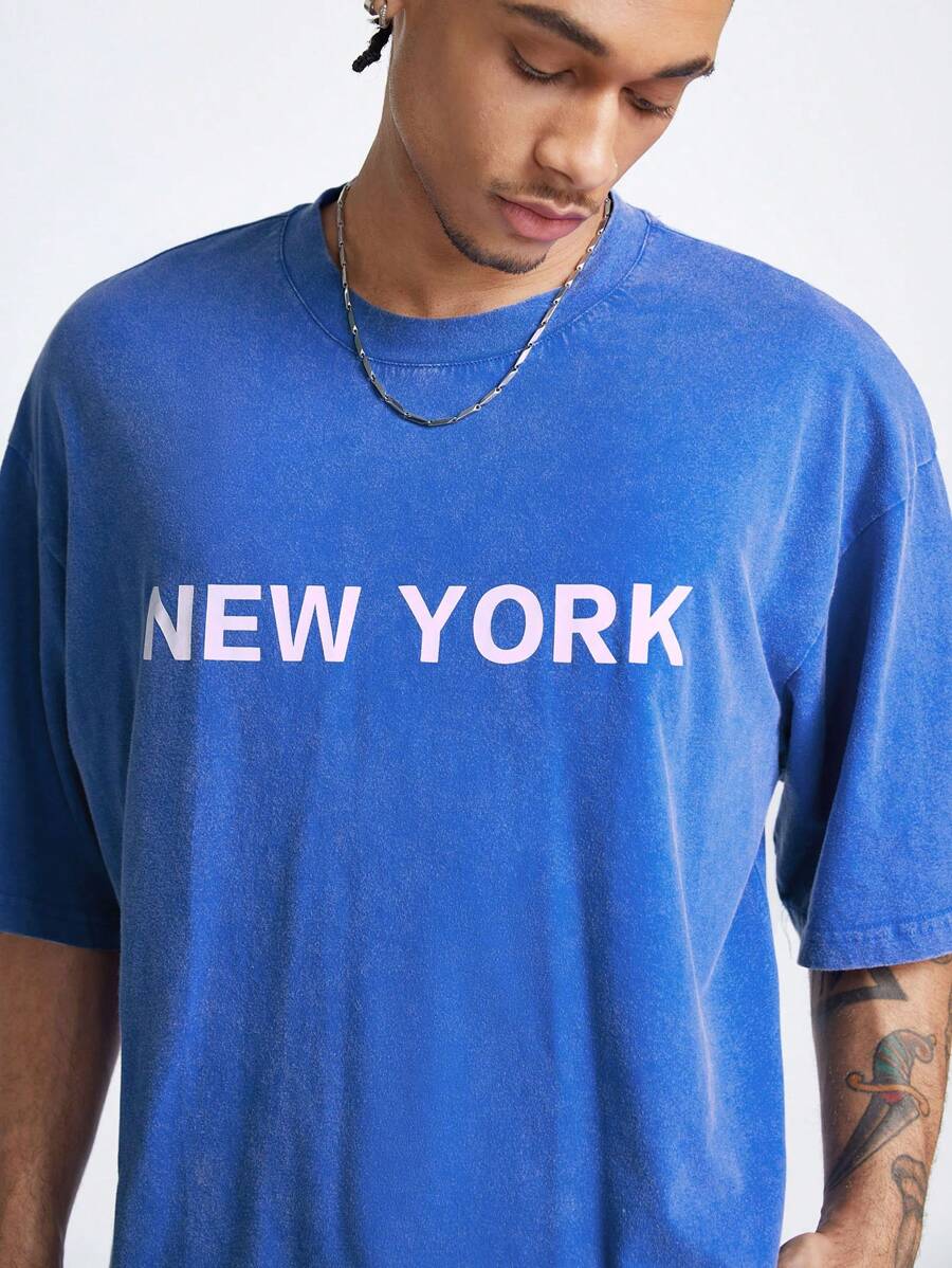 Manfinity NXTstreet Men's Loose Fit Short Sleeve Acid-Washed Knit T-Shirt - Blue - View 1