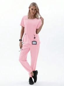 TaskEZ 女士 Scrubs Niaahinn Scrubs 女士套装 护士服套装 上衣和慢跑裤 工作短袖套装 V 领设计 4 个口袋 - 粉色 - 查看 6