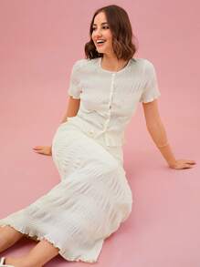 Enchnt 女裝純色簡約日常短袖襯衫及裙子套裝