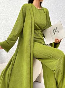 Modelyn Bộ đồ liền thân xếp ly cổ tròn màu trơn và áo khoác cardigan dài hai mảnh cho nữ, bộ đồ nghỉ dưỡng thường ngày 2 món - màu xanh lá - Xem 6