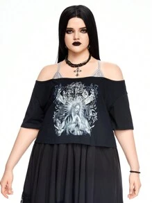 ROMWE Goth Camiseta diaria simple impresa de hombros abiertos para mujeres de talla grande - Negro - Ver 2