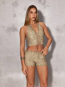 SHEIN BAE 女士简约休闲金属孔眼装饰夏季短裤，低腰超短短裤，卡其色 PU 皮革短裤 - 卡其色 - 查看 3