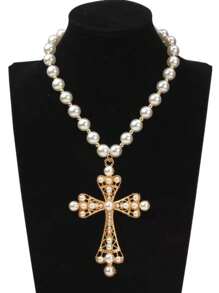 ROMWE Goth 1pc Faux Pearl & Bead Cross Pendant Necklace Suitable For Sending To Friends - Multicolor - View 3