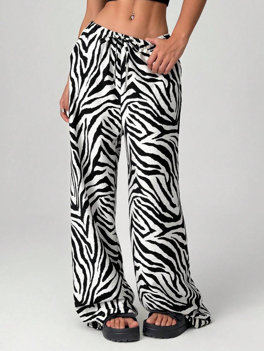 SHEIN EZwear Women's Stylish Animal Print Wide Leg Pants With Zebra Print For Everyday Wear - Black and White - View 1