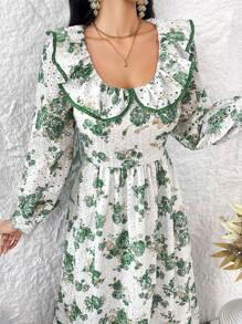 Seusyu 女士隨機印花簡約日常長袖連衣裙 - 綠色 - 查看 2