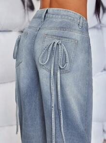 SHEIN ICON Quần jean denim có thắt lưng thắt nơ, đã giặt - Rửa nhẹ - Xem 3