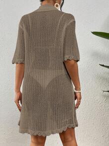 SHEIN Swim Solid Button Front Kimono For Summer Vacation - Coffee Brown - View 2