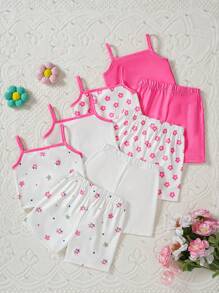 SHEIN 8pcs Baby Girls' Comfortable And Fun Floral Camisole Top And Shorts Set For Spring/Summer, Suitable For Home And Outdoors - Multicolor - View 2