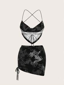 SHEIN ICON Áo ba lỗ hở lưng dây và chân váy trễ vai cạp trễ bất đối xứng Y2K màu đen - màu đen - Xem 2