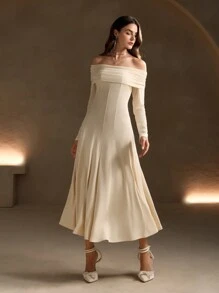 Anewsta Váy chữ A dài tay trễ vai phong cách Pháp có eo thắt, hoàn hảo cho những bữa tiệc nhỏ, trang phục Maxi dành cho nữ - trắng - Xem 5