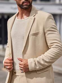 Manfinity VCAY Men's 2pcs Woven Leisure Suit, Short Fitted Blazer And Straight-Leg Trousers, Spring/Summer - Khaki - View 4