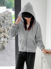 SHEIN Tween Girl Solid Color Front Zip Pocket Hooded Sweatshirt, Daily Casual Wear