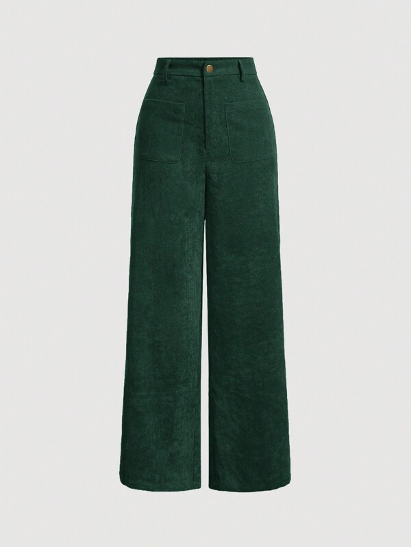SHEIN MOD Women's Casual Solid Color Straight Corduroy Pants, Back To School Clothes, Work, Brunch, School Clothes, Teacher Pants, 70s Outfit, Dress Pants, Western Pants, Ladies Late Fall Casual Button, Pocket, Zipper High Waist Straight Leg Long Dark Green Regular Fit Women Pants, Casual Daily Wear