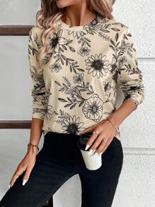 SHEIN LUNE Camiseta de manga larga con estampado de flores de margaritas para mujeres - Caqui - Ver 5