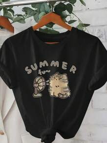 SHEIN EZwear Cute Fat Cat Printed Round Neck Women's T-Shirt - Black - View 1