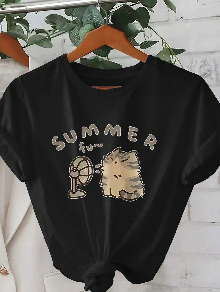 SHEIN EZwear Cute Fat Cat Printed Round Neck Women's T-Shirt - Black - View 1