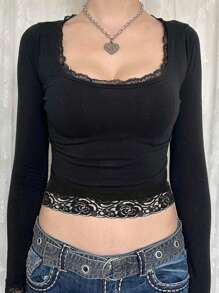 INAWLY Contrast Lace Slim Fit Scoop Neck T-Shirt, Spring Top Fall Cloth For Women - Black - View 3
