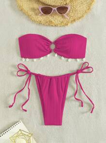Swim Vcay Conjunto de bikini con tirantes partidos de estilo diario simple para mujer, para la playa de verano - Rosa Fucsia - Ver 6