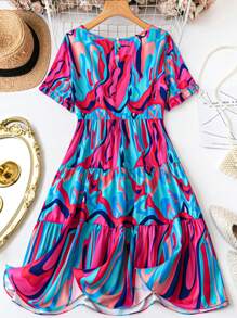 Breezaya Plus Size Full Print Ruffle Sleeve Dress