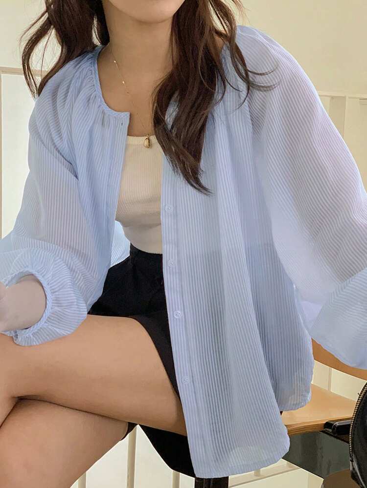 Women Striped Loose Semi-Sheer Long Sleeve Blouse,Fall Women Clothes