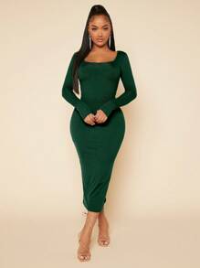 SHEIN SXY Solid Scoop Neck Long Sleeve Bodycon Dress For Dailywear Fall Clothes Women - Dark Green - View 4