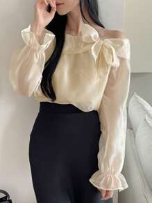 DAZY Áo sơ mi ngày lễ tay áo trễ vai dành cho nữ - Màu be - Xem 7