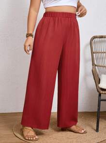 SHEIN Frenchy Plus Quần ống rộng Plisse trơn cho trang phục thường ngày - Gỗ đỏ - Xem 5