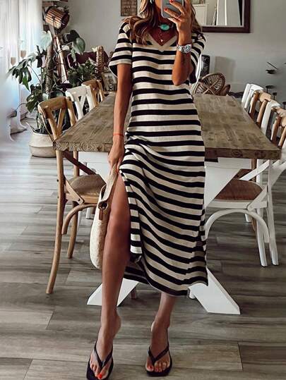 INAWLY 條紋印花分襠修身T恤裙