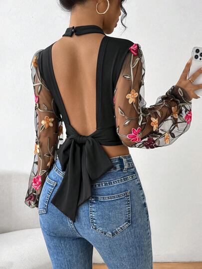 Chiquease 網眼刺繡拼接後鈕后繫緊致短款立領上衣