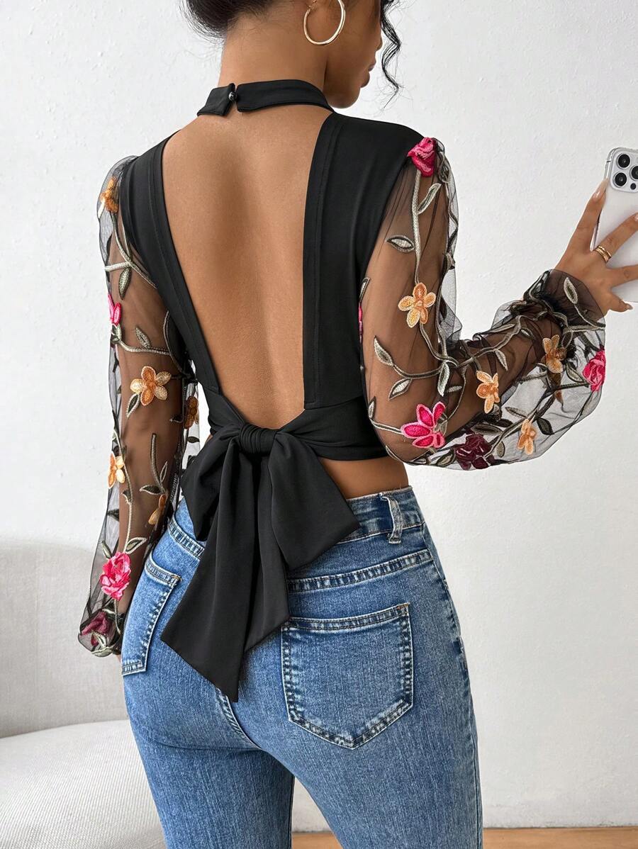 SHEIN ChicEase 網眼刺繡拼接後鈕后繫緊致短款立領上衣 - 黑色 - 查看 1
