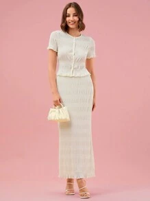 Enchnt 女裝純色簡約日常短袖襯衫及裙子套裝