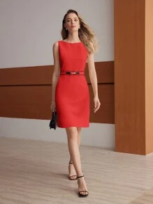 MOTF PREMIUM 鏈條細節對比拼接裙 - 紅色 - 查看 3