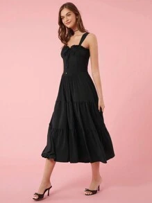 Enchnt Vestido largo recogido con escote cuadrado y estilo rural romántico