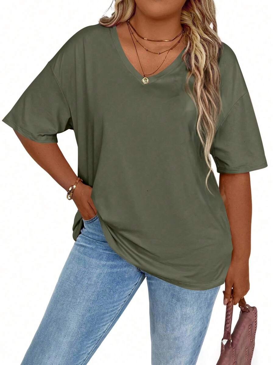 EMERY ROSE Plus Size Women's Solid Color Simple Short Sleeve T-Shirt For Daily Wear - Army Green - View 1