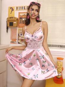 Spicy Aura Sexy Lace Splice Lady Underwear Dress With Underwire + Thong, 2pcs/Set - Pink - View 4