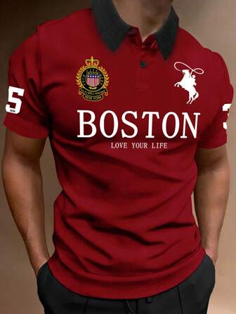 Manfinity Sporsity Men's Simple Printed Turn-Down Collar Short-Sleeve Polo Shirt