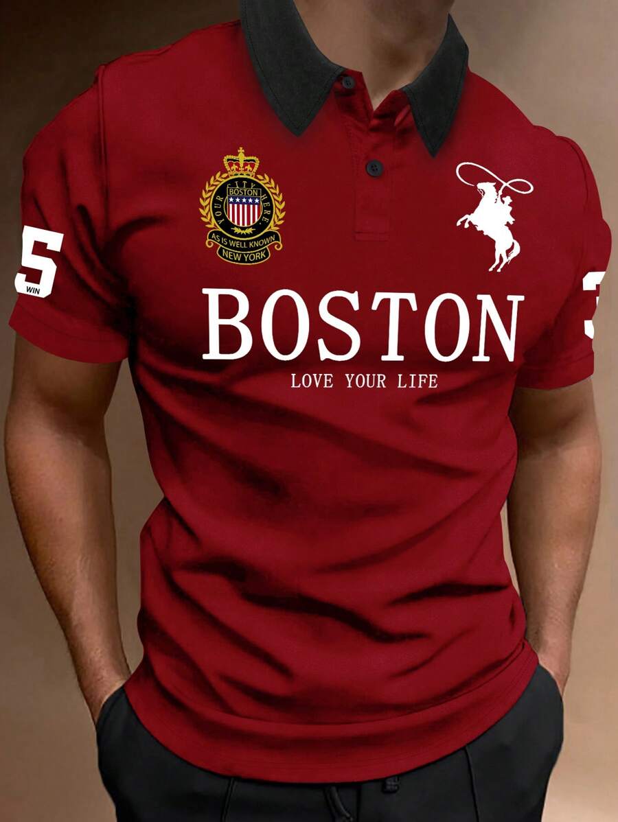 Manfinity Homme Men's Simple Printed Turn-Down Collar Short-Sleeve Polo Shirt - Burgundy - View 1